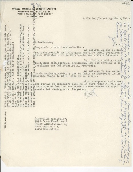 [Carta] 1954 ago. 6, Santiago, Chile [a] Lucila Godoy Alcayaga