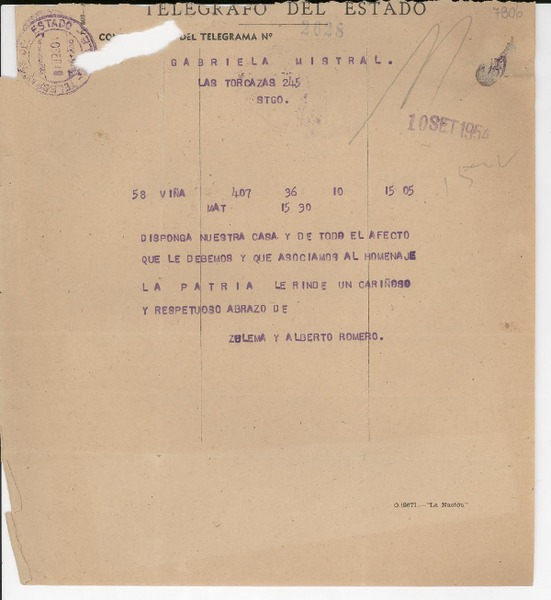 [Telegrama] 1954 sept. 10, Santiago, [Chile] [a] Gabriela Mistral, Santiago, [Chile]
