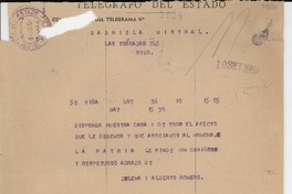 [Telegrama] 1954 sept. 10, Santiago, [Chile] [a] Gabriela Mistral, Santiago, [Chile]