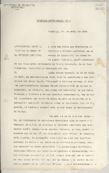 Circular Confidencial N° 4, 1948 abr. 1, Santiago