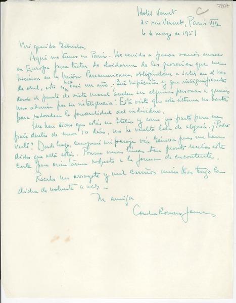 [Carta] 1951 mar. 6, París, [Francia] [a] Gabriela [Mistral]