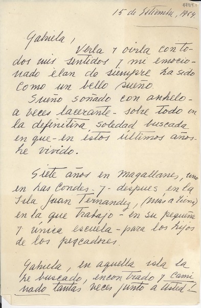 [Carta] 1954 sept. 15, [Santiago] [a] Gabriela Mistral