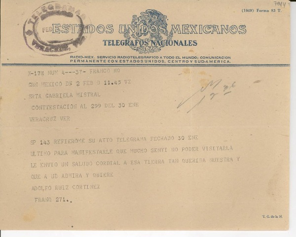 [Telegrama] 1950 feb. 2, México D.F. [a] Gabriela Mistral, [Veracruz, México]