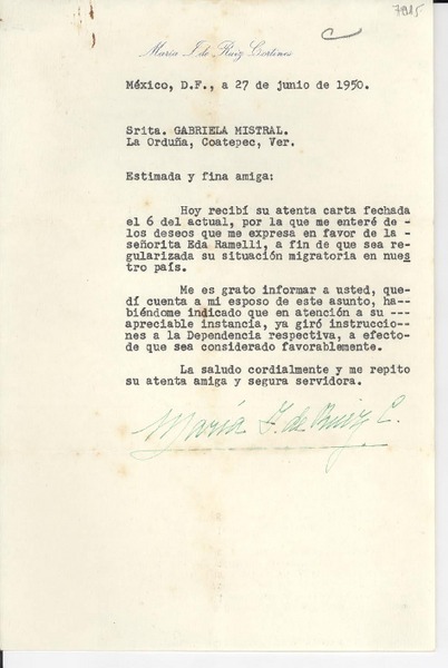 [Carta] 1950 jun. 27, México D.F. [a] Gabriela Mistral, La Orduña, Coatepec, Ver., [México]