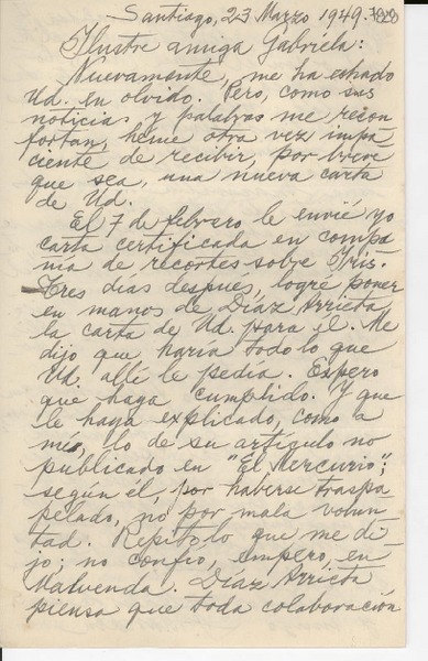 [Carta] 1949 mar. 23, Santiago [a] Gabriela Mistral
