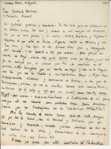 [Carta] 1943 ago. 10, Buenos Aires [a] Gabriela Mistral, Petrópolis, Brasil