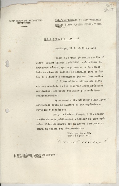 Circular N° 27, 1948 abr. 17, Santiago [a] los Señores Jefes de Misión y Consules de Chile