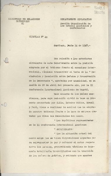 Circular N° 40, 1948 jun. 14, Santiago [a] los Señores Jefes de Misión y Consules de Chile