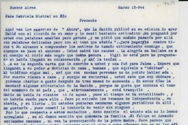 [Carta] 1944 mar. 13, Buenos Aires, [Argentina] [a] Gabriela Mistral, Río, Brasil]