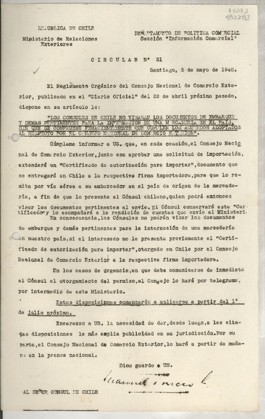 Circular N° 31, 1948 mayo 5, Santiago, [Chile] [al] Señor Cónsul de Chile