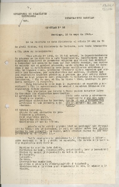 Circular N° 32, 1948 mayo 10, Santiago, [Chile] [a] Los Señores Jefes de Misión y Cónsules de Chile en el exterior
