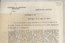 Circular N° 32, 1948 mayo 10, Santiago, [Chile] [a] Los Señores Jefes de Misión y Cónsules de Chile en el exterior