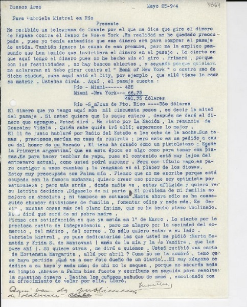[Carta] 1944 mayo 25, Buenos ires [Aires] , [Argentina] [a] Gabriela Mistral, Rio, [Brasil]