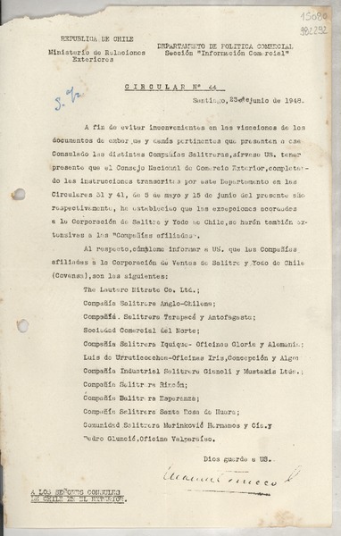 Circular N° 44, 1948 jun. 23, Santiago [a] los Señores Consules de Chile en el exterior