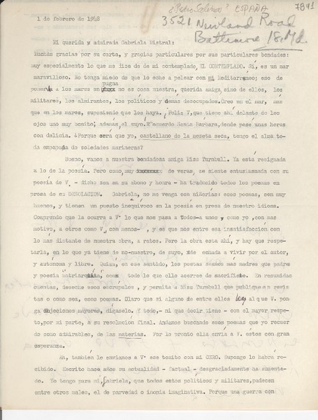 [Carta] 1948 feb. 1, [Baltimore] [a] Gabriela Mistral
