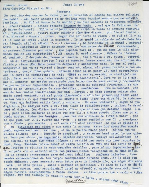[Carta] 1946 jun. 18, Buenos Aires, [Argentina] [a] Gabriela Mistral, Río, [Brasil]