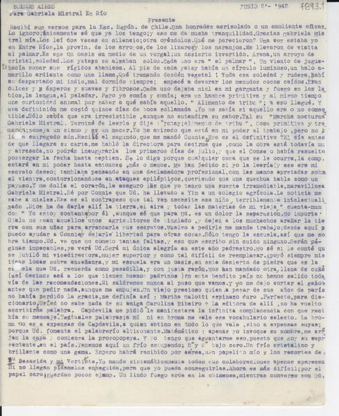 [Carta] 1942 jun. 2, Buenos Aires [a] Gabriela Mistral, Río [de Janeiro]