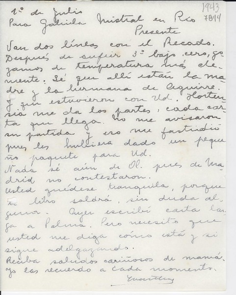 [Carta] [1943] jul. 1, [Buenos Aires] [a] Gabriela Mistral, Río [de Janeiro]