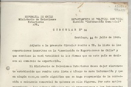 Circular N° 54, 1948 jul. 14, Santiago, [Chile] [a] Los Señores representantes consulares de Chile en el exterior