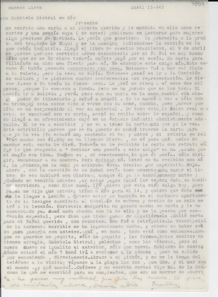 [Carta] 1945 abr. 15, Buenos Aires, [Argentina] [a] Gabriela Mistral, Río [de Janeiro, Brasil]