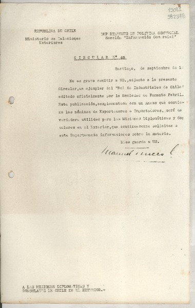 Circular N° 65, 1948 sept., Santiago [a] las Misiones Diplomáticas y Consulares de Chile en el Exterior
