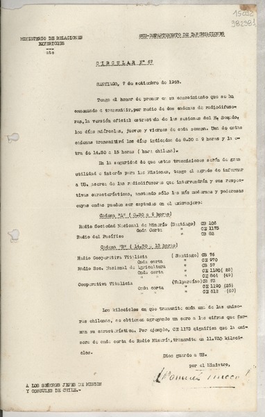 Circular N° 67, 1948 sept. 7, Santiago [a] los Señores Jefes de Misión y Consules de Chile