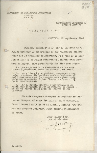 Circular N° 73, 1948 sept. 23, Santiago