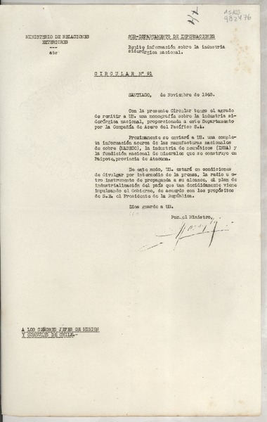 Circular N° 91, 1948 nov., Santiago, [Chile] [a] Los Señores Jefe de Misión y Cónsules de Chile