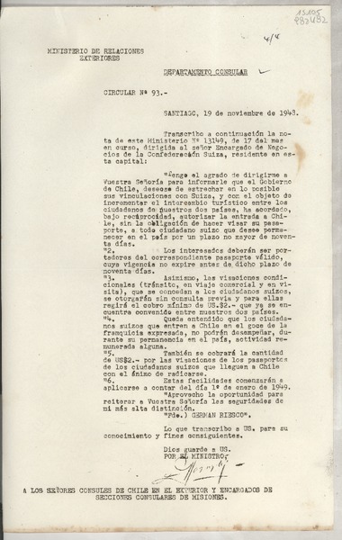 Circular N° 93, 1948 nov. 19, Santiago, [Chile] [a] Los Señores Cónsules de Chile en el exterior y Encargados de Secciones Consulares de Misiones