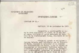 Circular N° 93, 1948 nov. 19, Santiago, [Chile] [a] Los Señores Cónsules de Chile en el exterior y Encargados de Secciones Consulares de Misiones