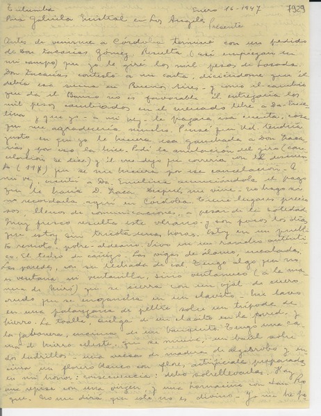 [Carta] 1947 ene. 16, Tulumba [Argentina] [a] Gabriela Mistral, Los Ángeles