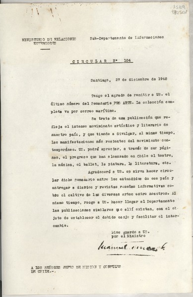 Circular N° 104, 1948 dic. 27, Santiago, [Chile] [a] Los Señores Jefe de Misión y Cónsules de Chile