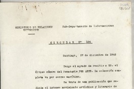 Circular N° 104, 1948 dic. 27, Santiago, [Chile] [a] Los Señores Jefe de Misión y Cónsules de Chile