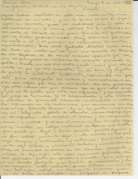 [Carta] 1947 mar. 8, Buenos Aires [a] Gabriela Mistral, Los Ángeles
