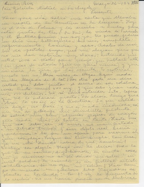 [Carta] 1947 mar. 26, Buenos Aires [a] Gabriela Mistral, Los Ángeles