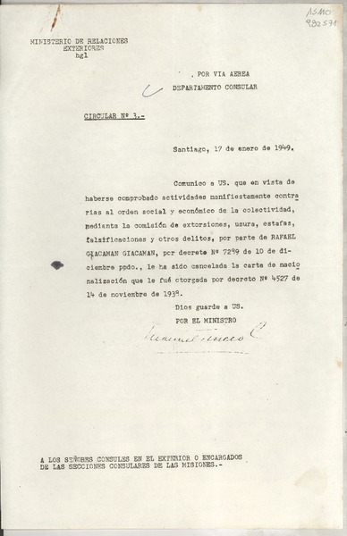 Circular N° 3, 1949 ene. 17, Santiago, [Chile] [a] Los Señores Cónsules en el exterior o Encargados de las Secciones Consulares de las Misiones