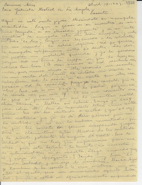 [Carta] 1947 abr. 13, Buenos Aires [a] Gabriela Mistral, Los Ángeles