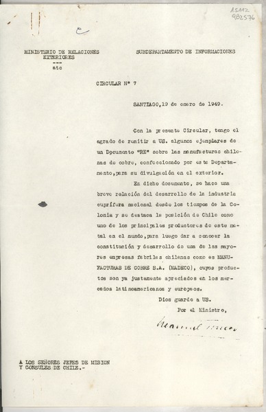Circular N° 7, 1949 ene. 19, Santiago, [Chile] [a] Los Señores Jefes de Misión y Cónsules de Chile