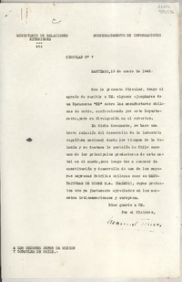 Circular N° 7, 1949 ene. 19, Santiago, [Chile] [a] Los Señores Jefes de Misión y Cónsules de Chile