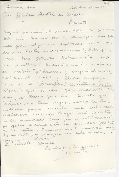 [Carta] 1950 oct. 12, Buenos Aires, [Argentina] [a] Gabriela Mistral, México
