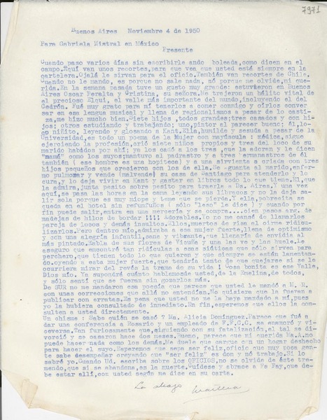 [Carta] 1950 nov. 4, Buenos Aires [a] Gabriela Mistral, México