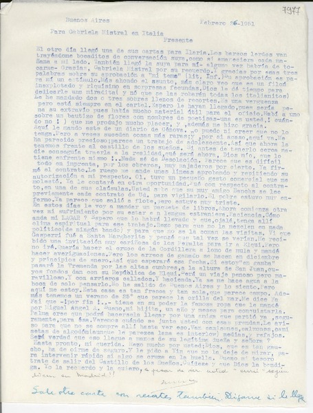 [Carta] 1951 feb. 25, Buenos Aires [a] Gabriela Mistral, Italia