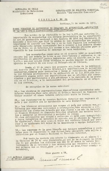 Circular N° 20, 1949 mar. 10, Santiago, [Chile] [a] Los Señores Cónsules de Chile en el exterior