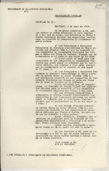 Circular N° 35, 1949 mayo 9, Santiago, [Chile] [a] Los Cónsules y Encargados de Secciones Consulares