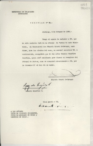 Circular N° 84, 1950 oct 6, Santiago [a] los señores Jefes de Misiones residentes, Jefes de Misiones de Chile y Consules de Chile