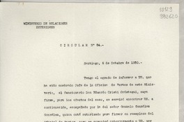 Circular N° 84, 1950 oct 6, Santiago [a] los señores Jefes de Misiones residentes, Jefes de Misiones de Chile y Consules de Chile