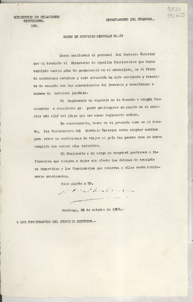 Circular N° 23, 1950 oct. 28, Santiago [a] los funcionarios del servicio exterior