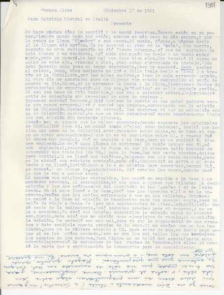 [Carta] 1951 dic. 1, Buenos Aires [a] Gabriela Mistral, Italia