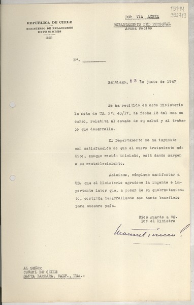 [Memorandum], 1947 jun. 25, Santiago [al] Señor Consul de Chile, Santa Barbara, Calif.