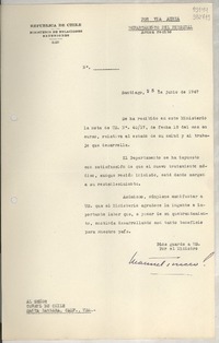 [Memorandum], 1947 jun. 25, Santiago [al] Señor Consul de Chile, Santa Barbara, Calif.